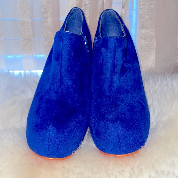 Charlotte Russe Shoes - Velvet blue heeled ankle boots with orange bottoms